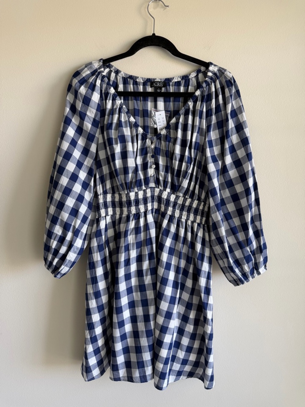 J.Crew Navy Gingham V-Neck Smocked Mini Dress Size S NWT Puff Sleeve Cotton - Picture 3 of 12